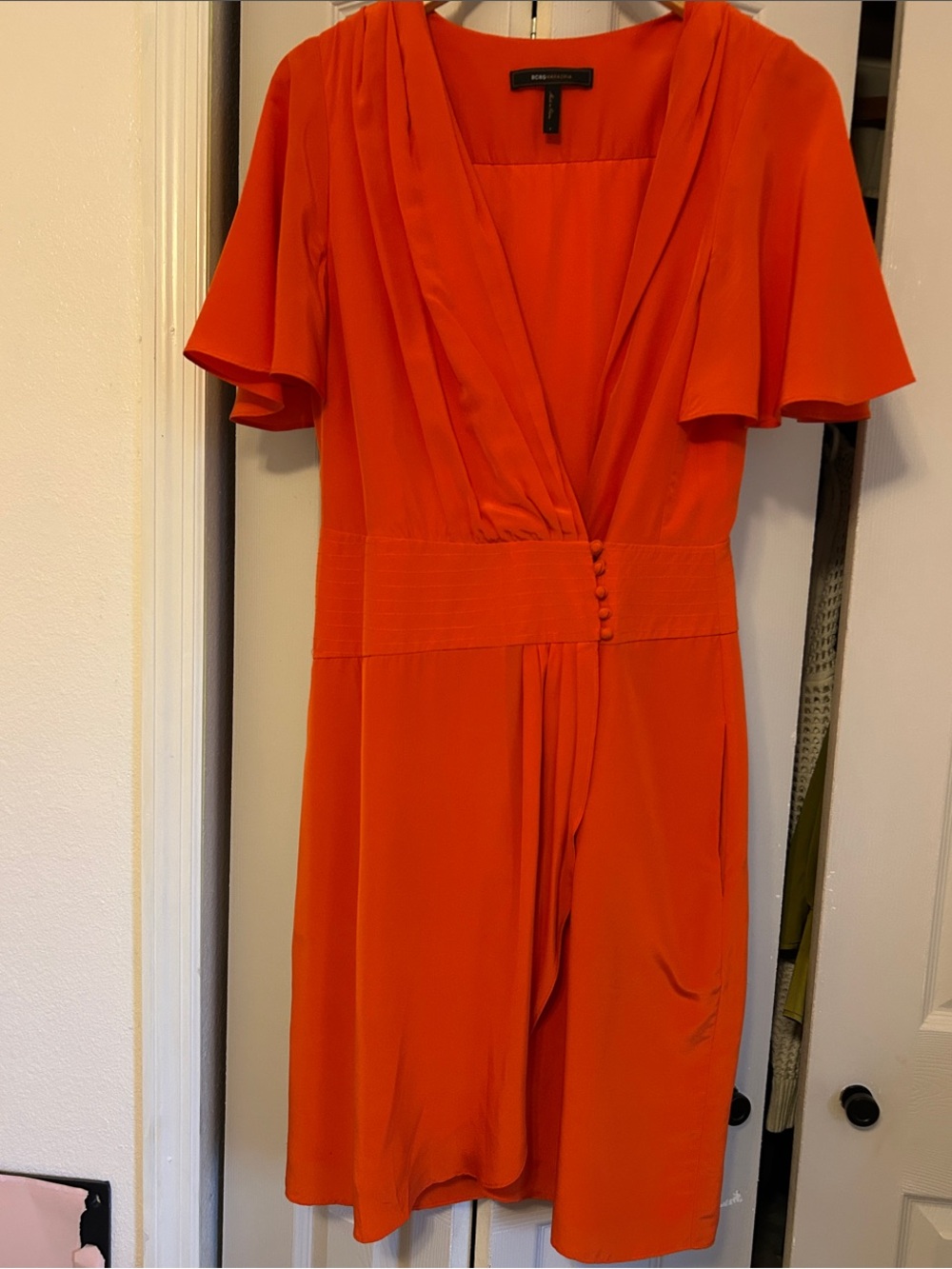 BCBG Orange V-Neck Flutter Sleeve Dress